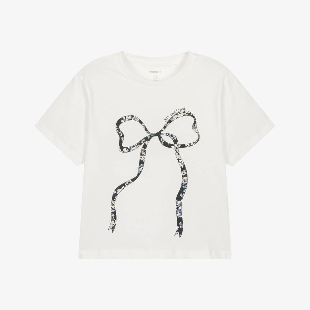 NAME IT-Футболка кремовая с бантом из хлопка для девочек | Childrensalon