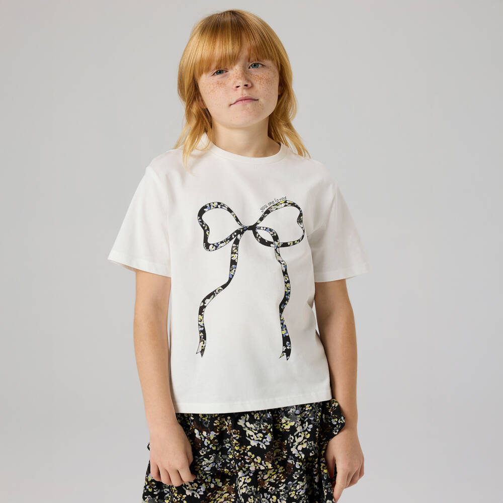 NAME IT-Girls Ivory Bow Print Cotton T-Shirt | Childrensalon