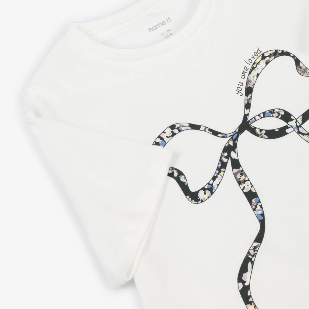 NAME IT-Футболка кремовая с бантом из хлопка для девочек | Childrensalon