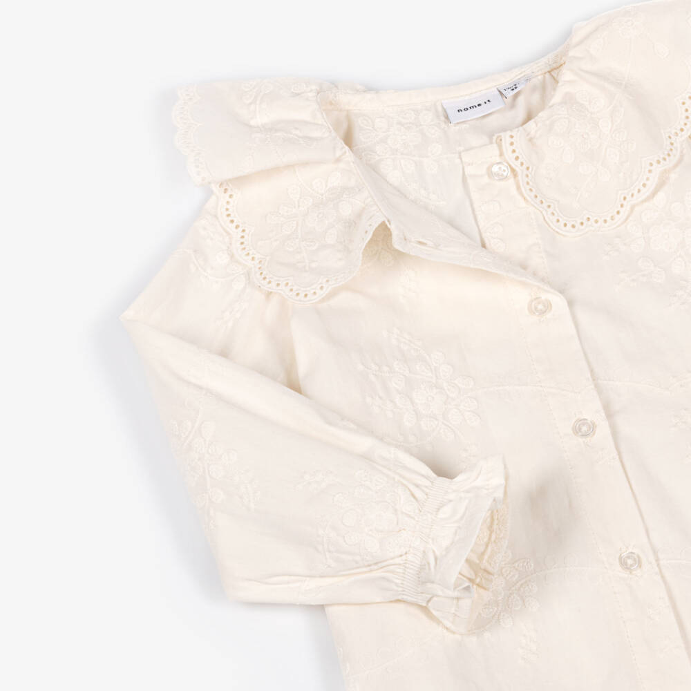 NAME IT-Girls Ivory Cotton Blouse with Floral Embroidery | Childrensalon