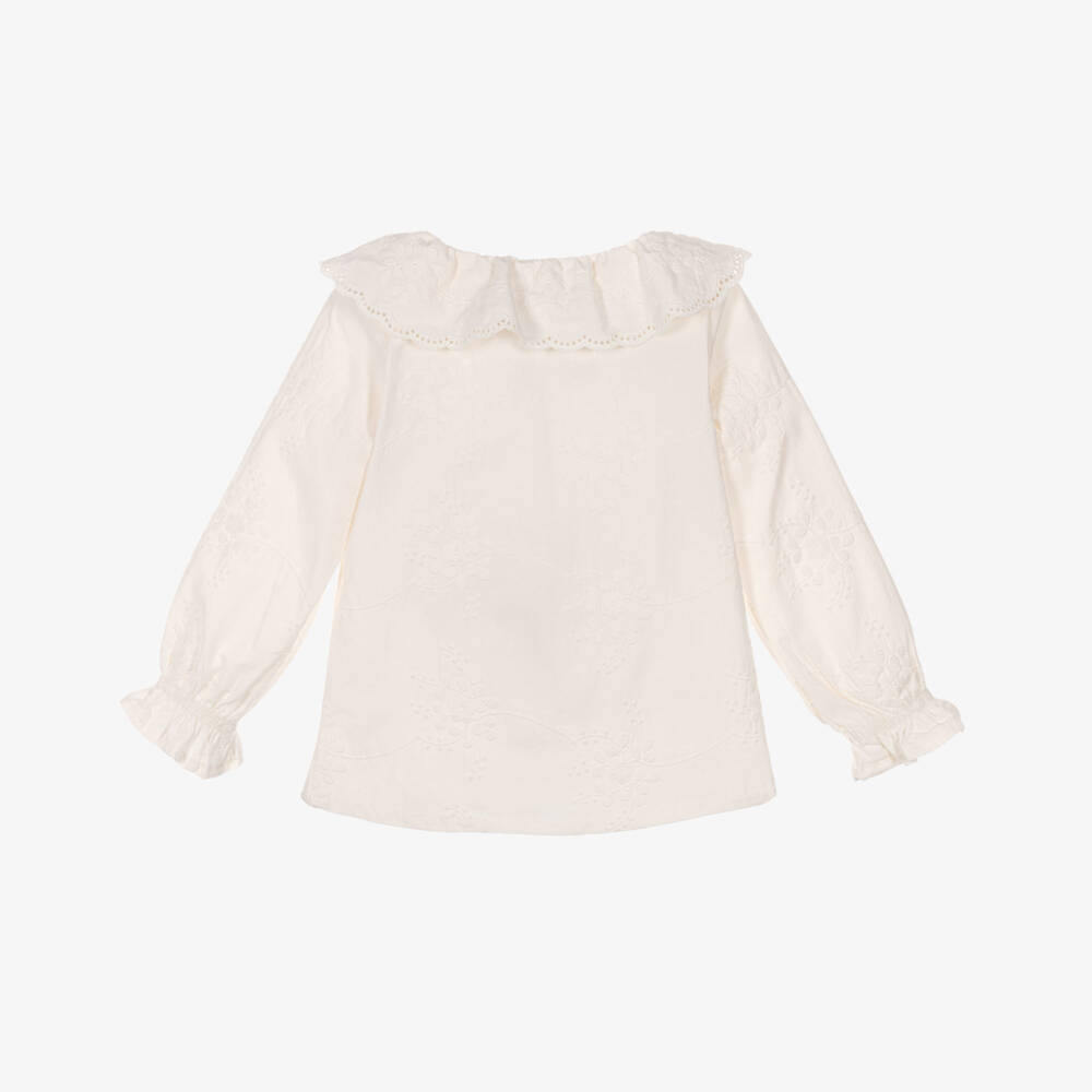 NAME IT-Girls Ivory Cotton Blouse with Floral Embroidery | Childrensalon