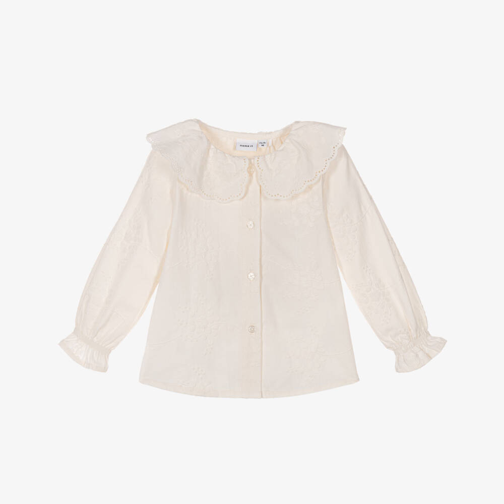 NAME IT-Girls Ivory Cotton Blouse with Floral Embroidery | Childrensalon