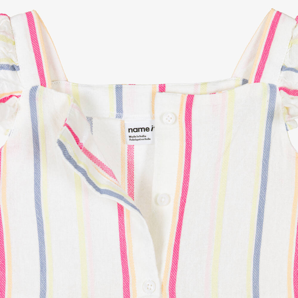 NAME IT-Girls Ivory Cotton Dress with Multicolour Stripes | Childrensalon