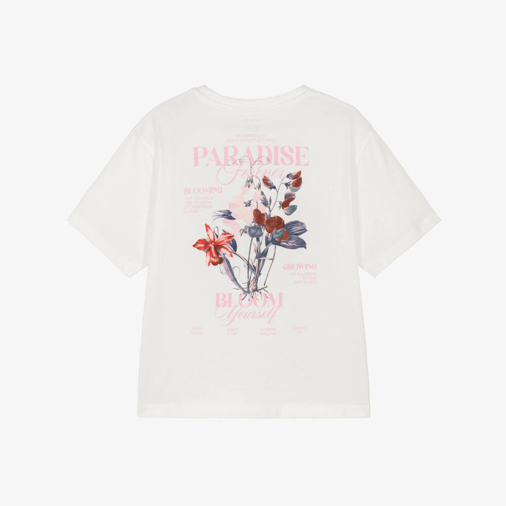 NAME IT-Girls Ivory Cotton Paradise Slogan T-Shirt with Flowers | Childrensalon