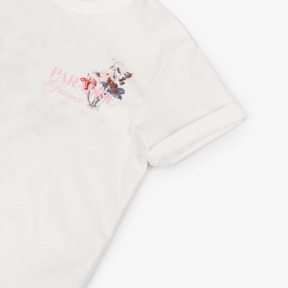 NAME IT-Girls Ivory Cotton Paradise Slogan T-Shirt with Flowers | Childrensalon