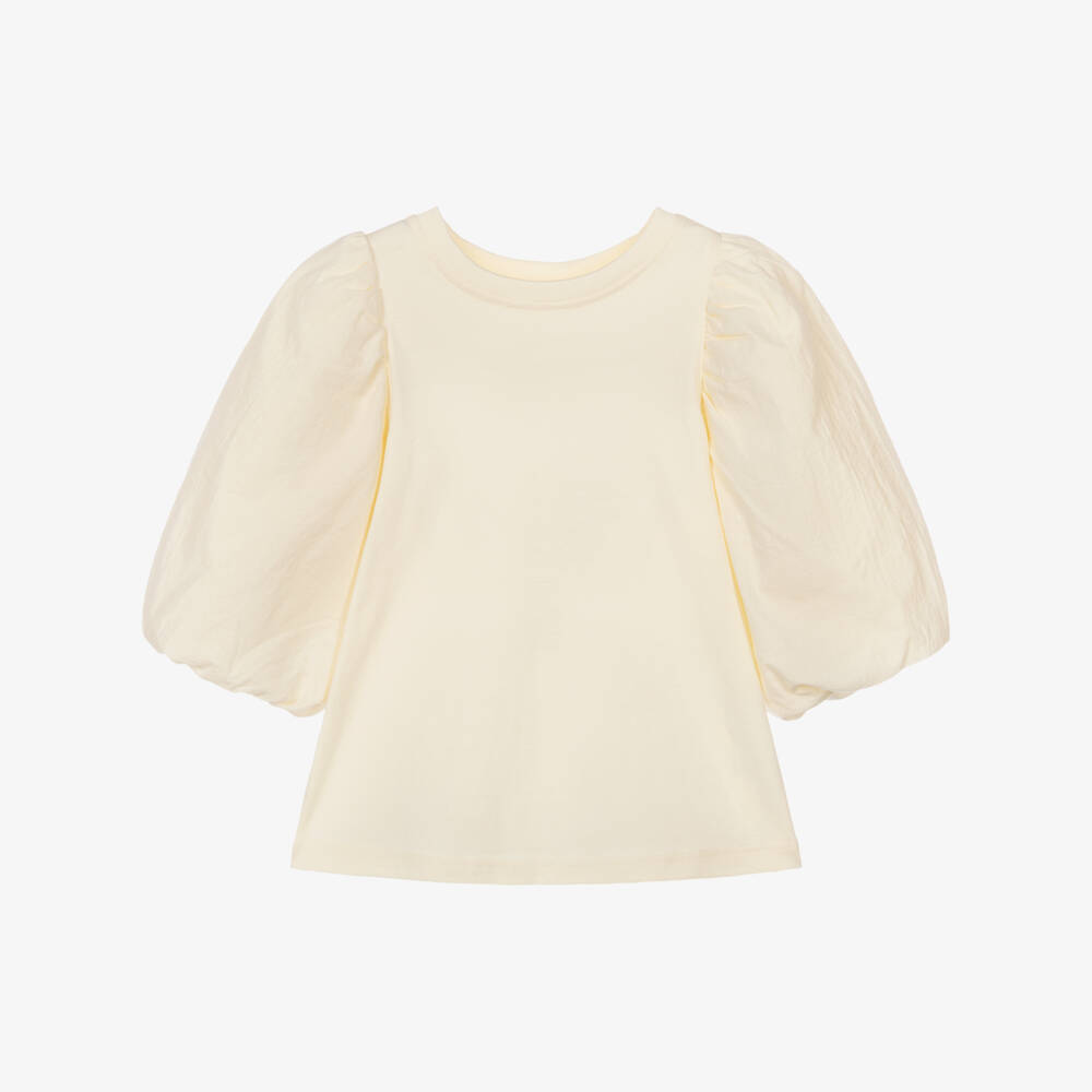 NAME IT-Girls Ivory Cotton T-Shirt with Puffed Sleeves | Childrensalon
