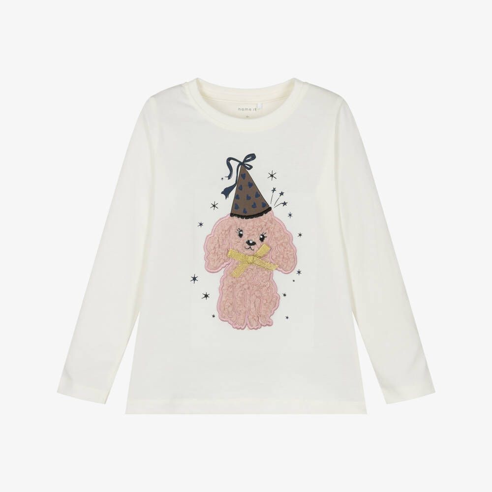 NAME IT-توب قطن مزين بكلب لون عاجي للبنات | Childrensalon