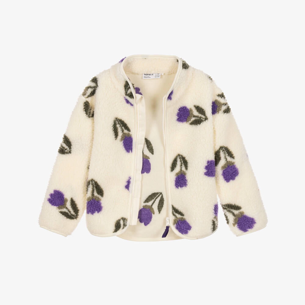 NAME IT-Girls Ivory Fleece Zip-Up Top with Purple Flowers | Childrensalon