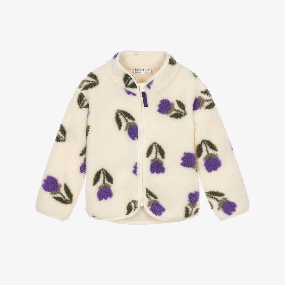 NAME IT-Girls Ivory Fleece Zip-Up Top with Purple Flowers | Childrensalon