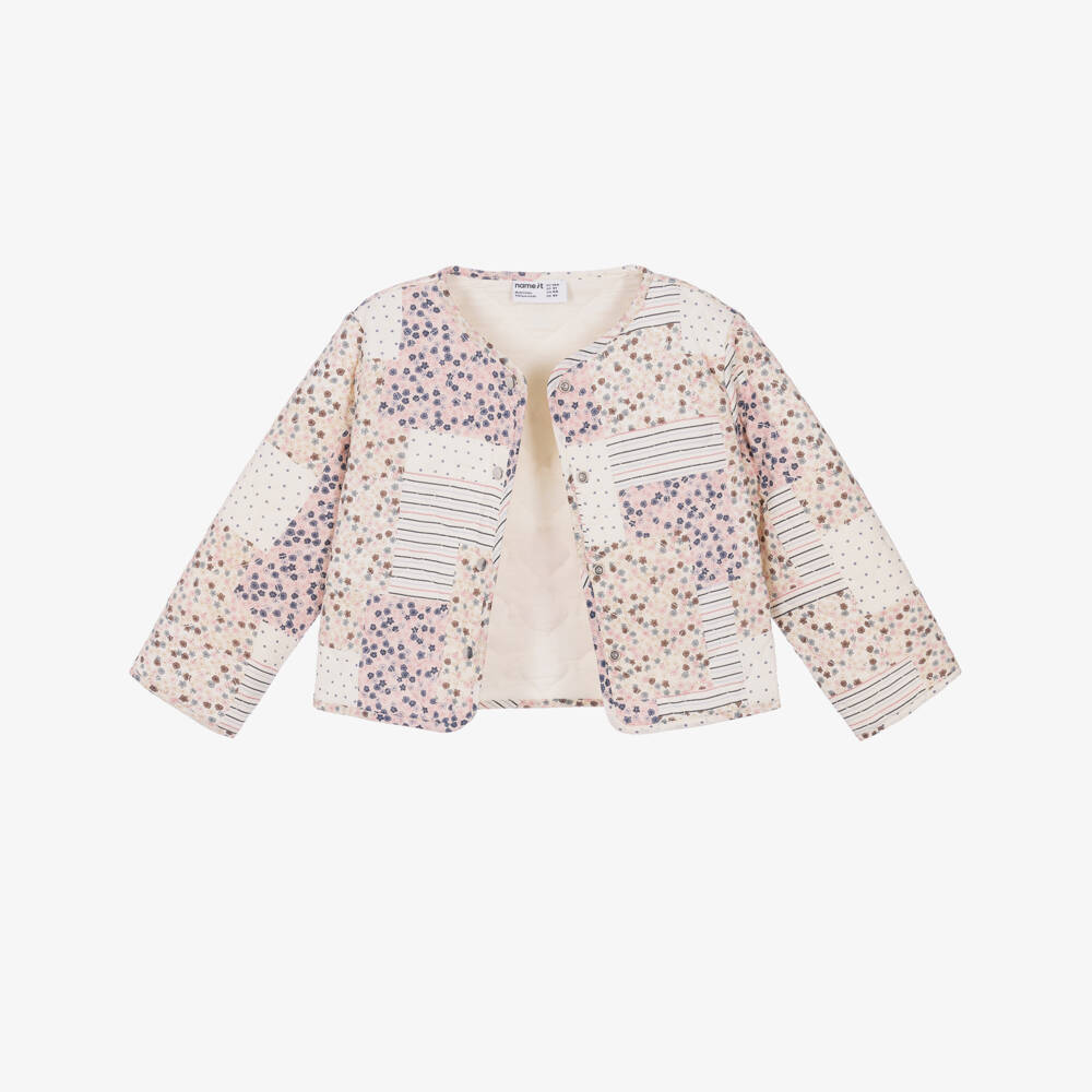 NAME IT-Girls Ivory Floral Quilted Jacket in Organic Cotton | Childrensalon