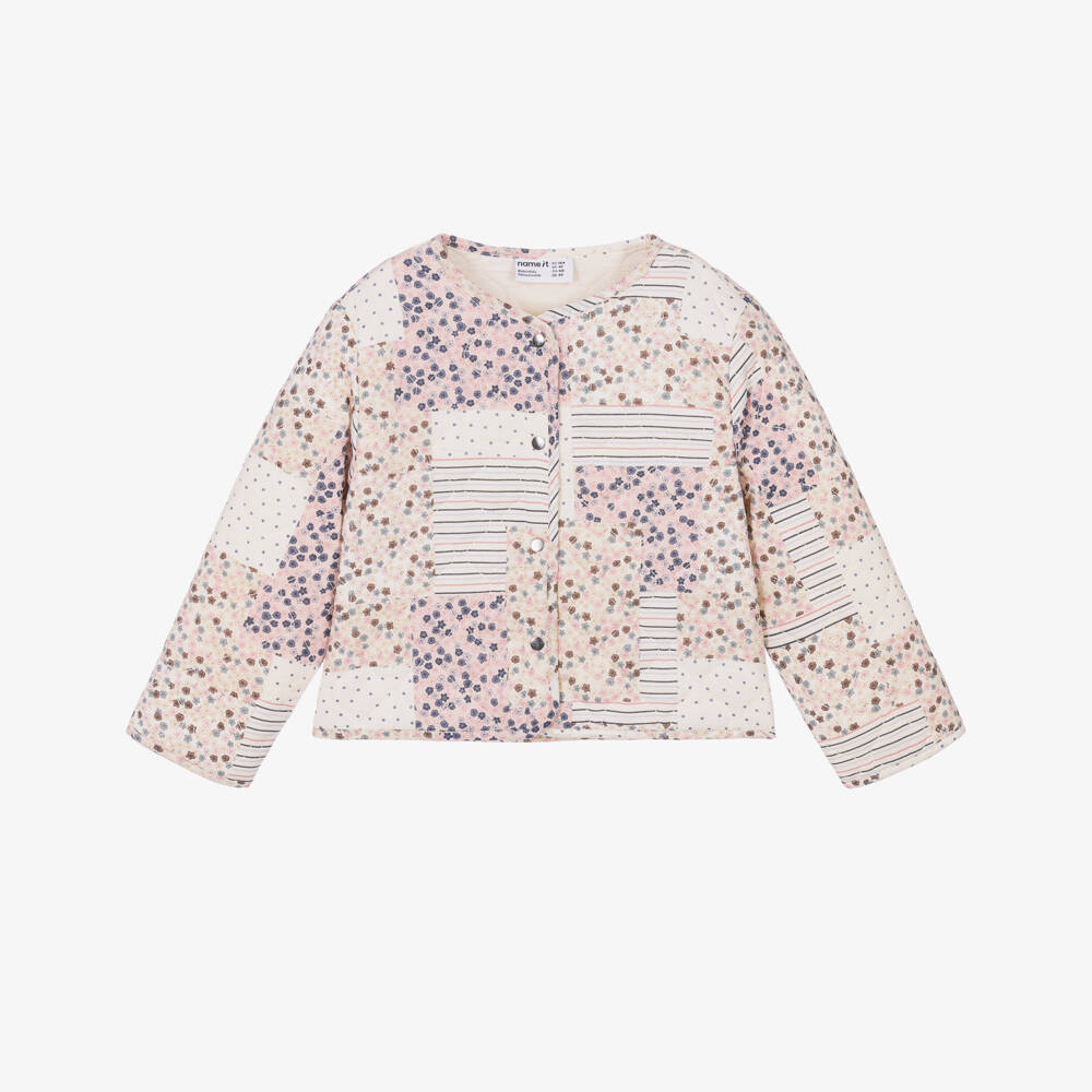 NAME IT-Girls Ivory Floral Quilted Jacket in Organic Cotton | Childrensalon