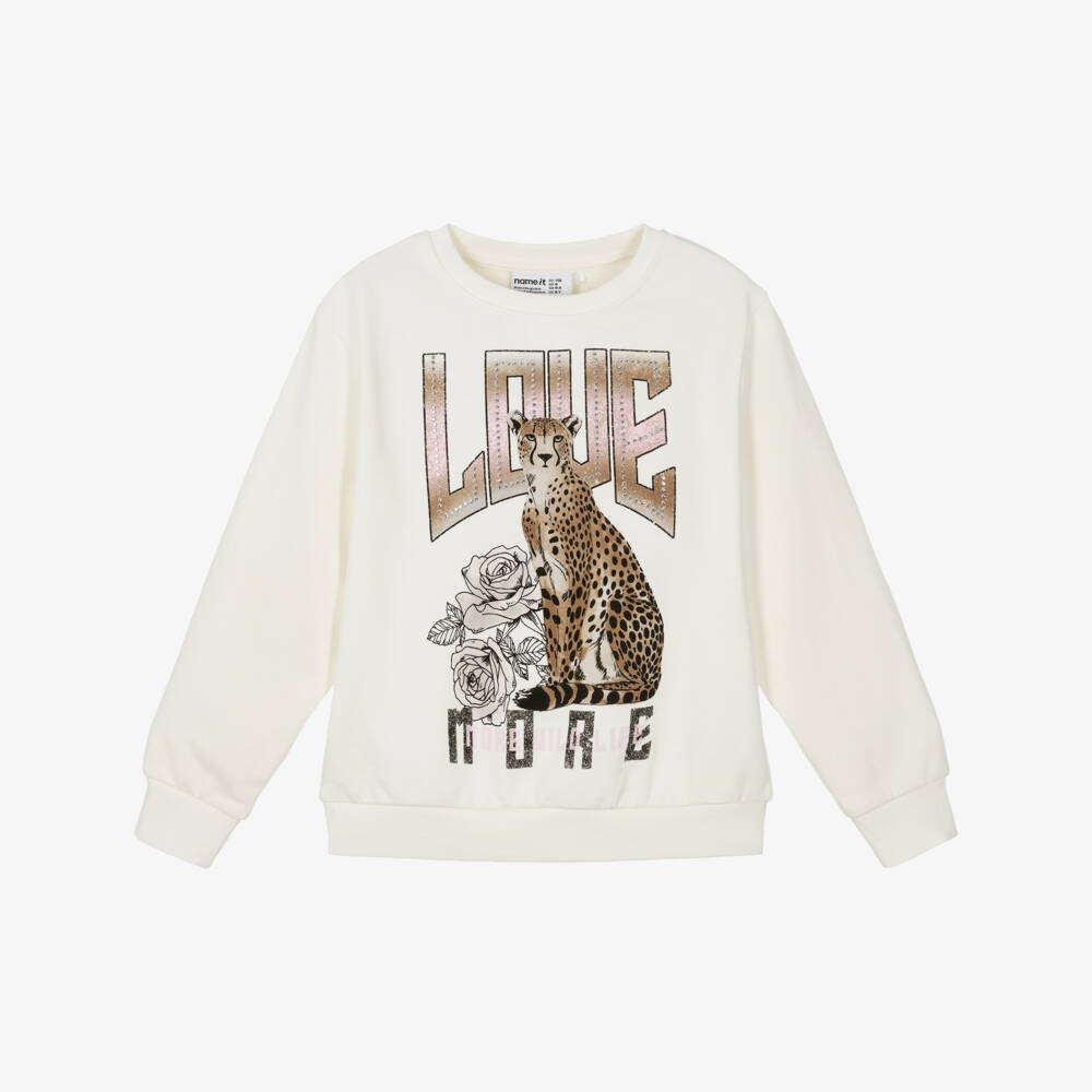 NAME IT-Girls Ivory Organic Cotton Leopard Print Sweatshirt | Childrensalon