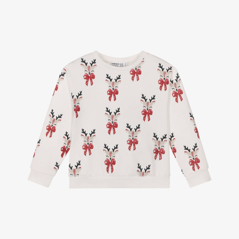 NAME IT-Girls Ivory Organic Cotton Reindeer Print Sweatshirt | Childrensalon