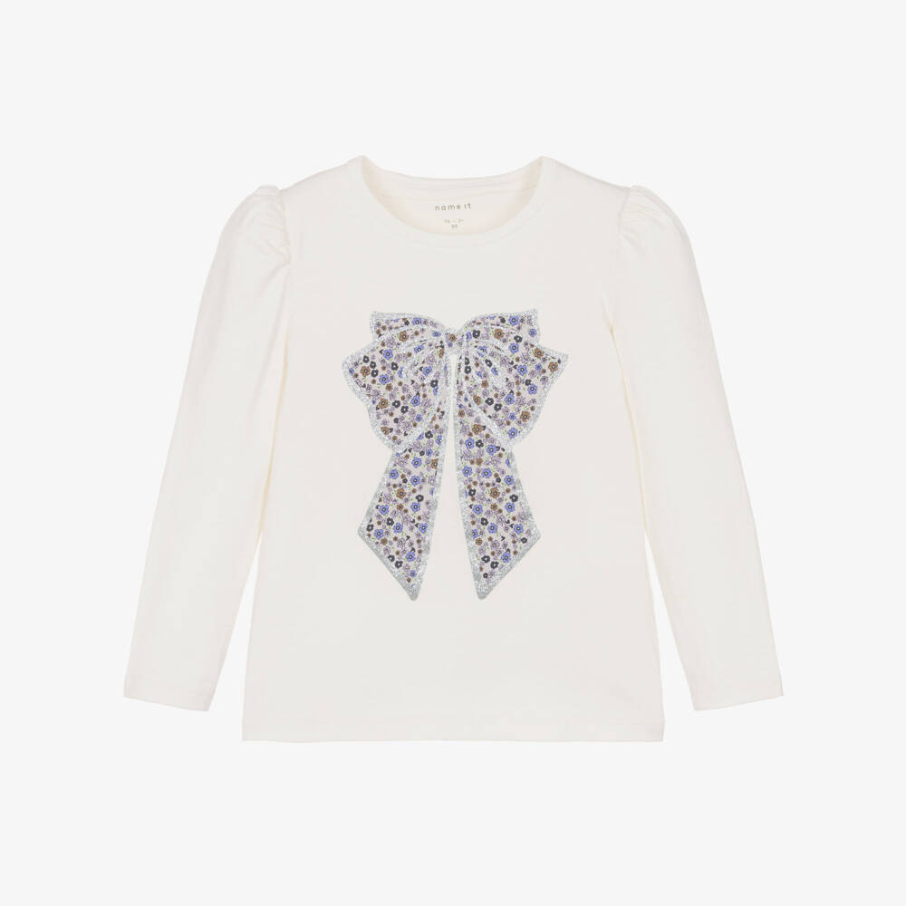NAME IT-Girls Ivory Organic Cotton Top with Glittery Floral Bow  | Childrensalon