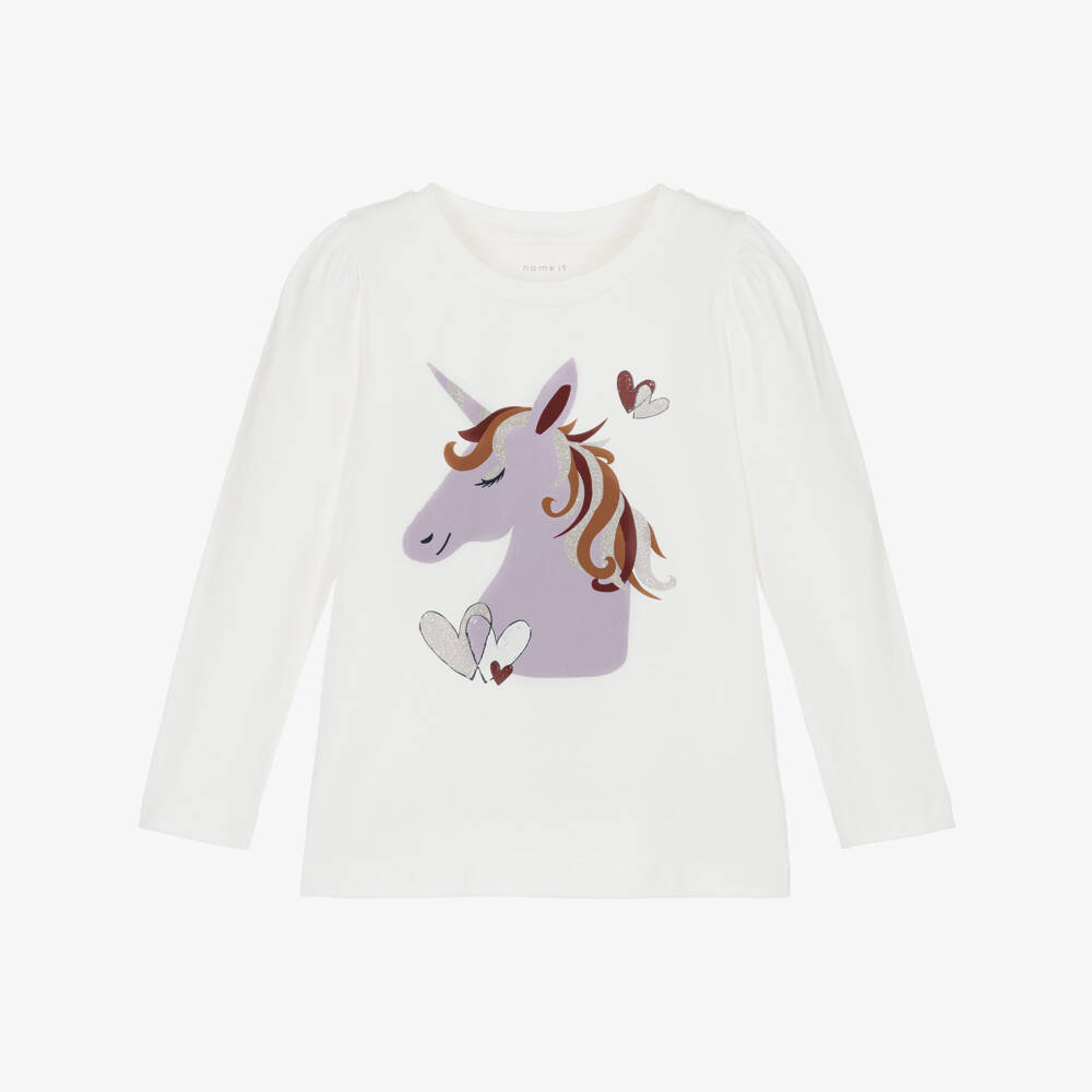 NAME IT-Girls Ivory Organic Cotton Unicorn Top | Childrensalon