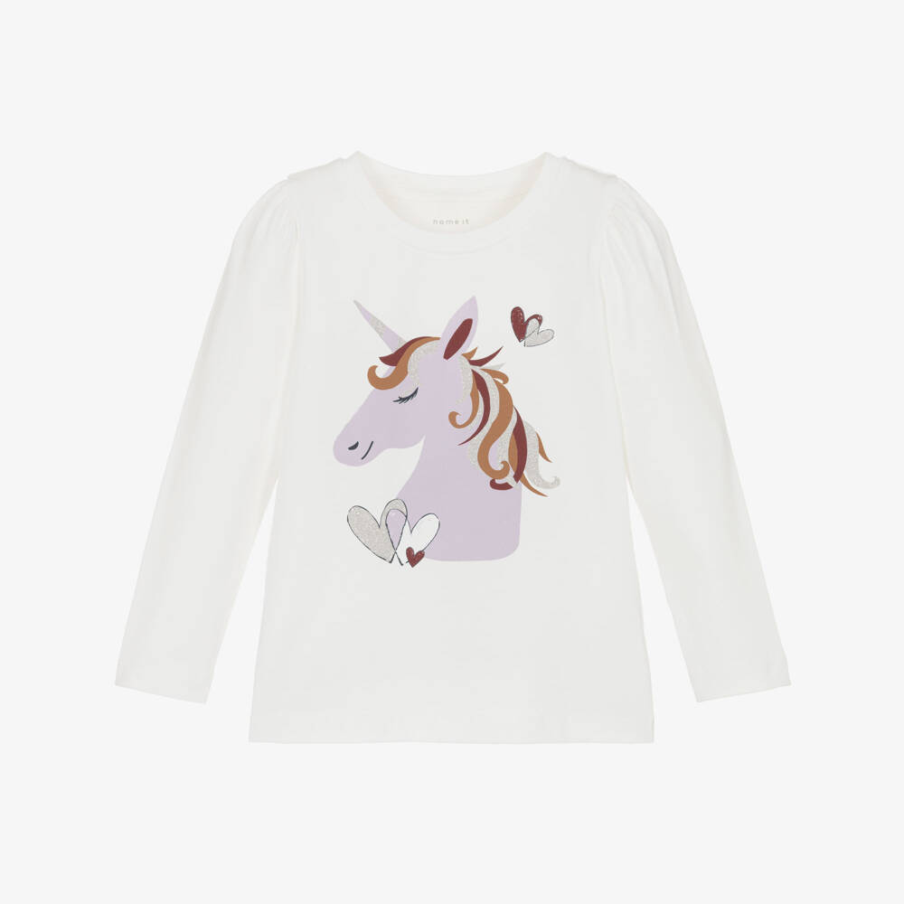 NAME IT-Girls Ivory Organic Cotton Unicorn Top | Childrensalon