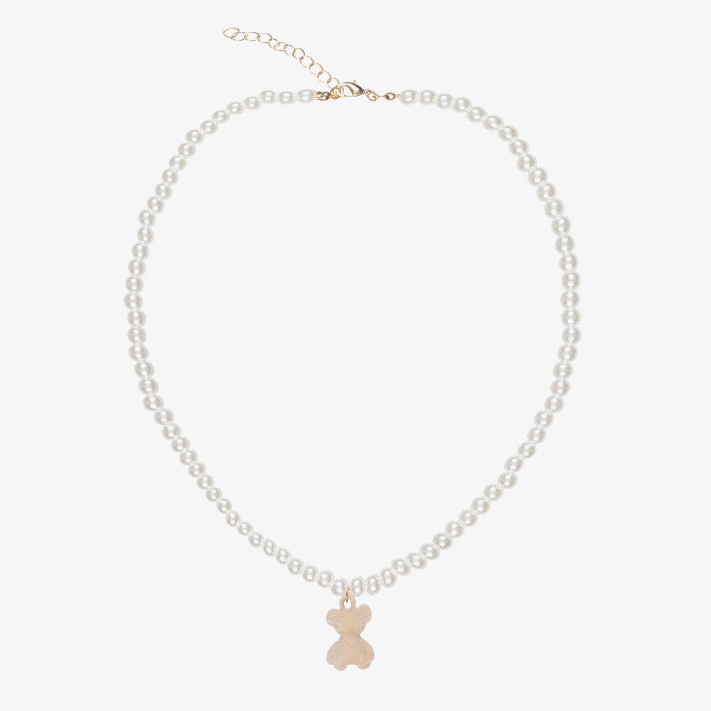 NAME IT-Girls Ivory Pearl Bead & Teddy Bear Necklace (45cm) | Childrensalon