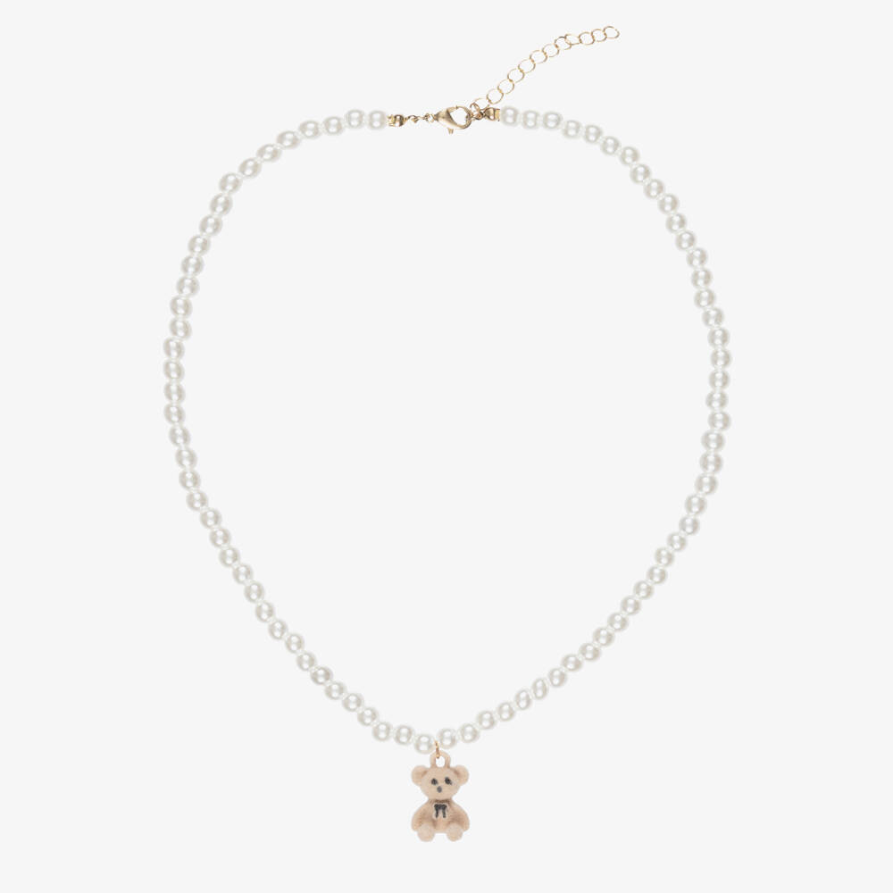 NAME IT-Girls Ivory Pearl Bead & Teddy Bear Necklace (45cm) | Childrensalon