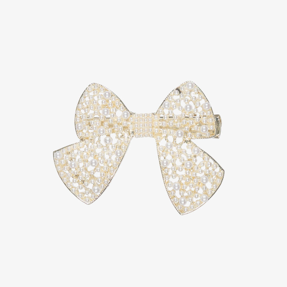 NAME IT-Girls Ivory Pearl & Gold Metal Bow Hair Clip (6cm) | Childrensalon