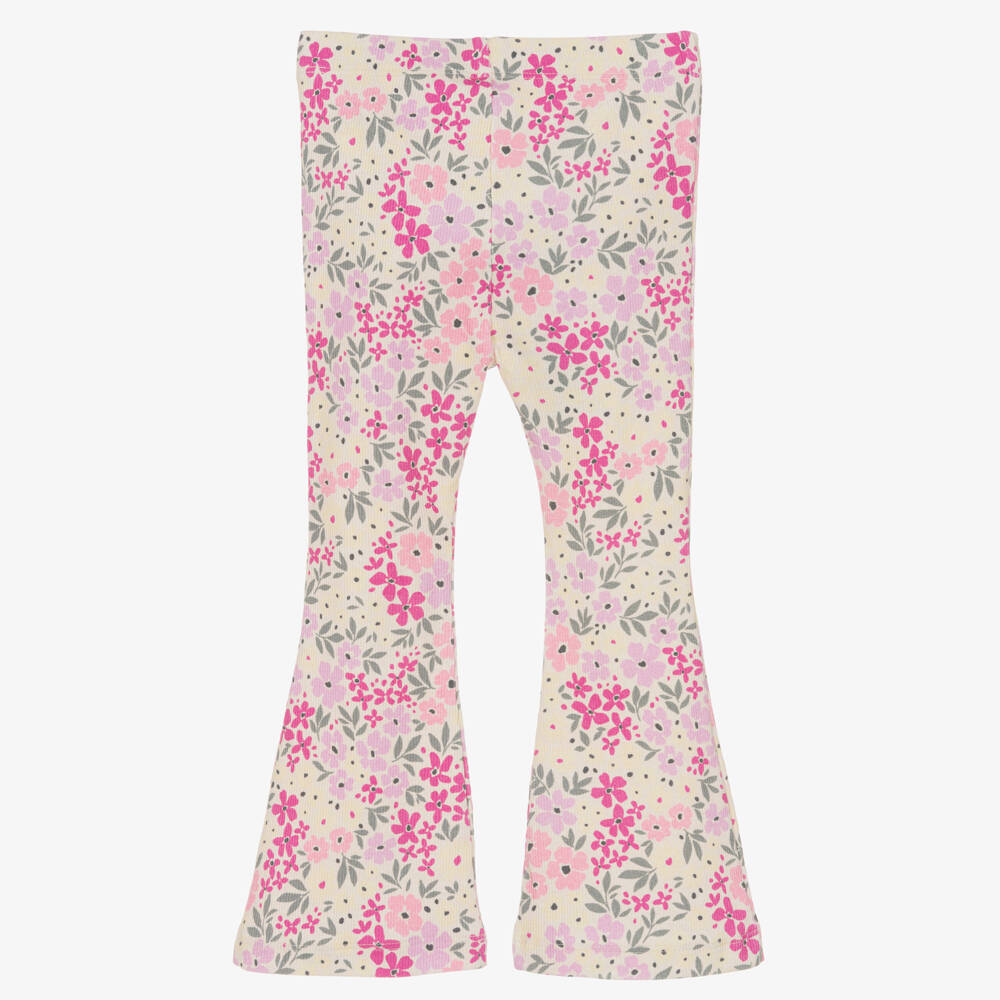 NAME IT-Girls Ivory & Pink Floral Organic Cotton Flared Leggings | Childrensalon