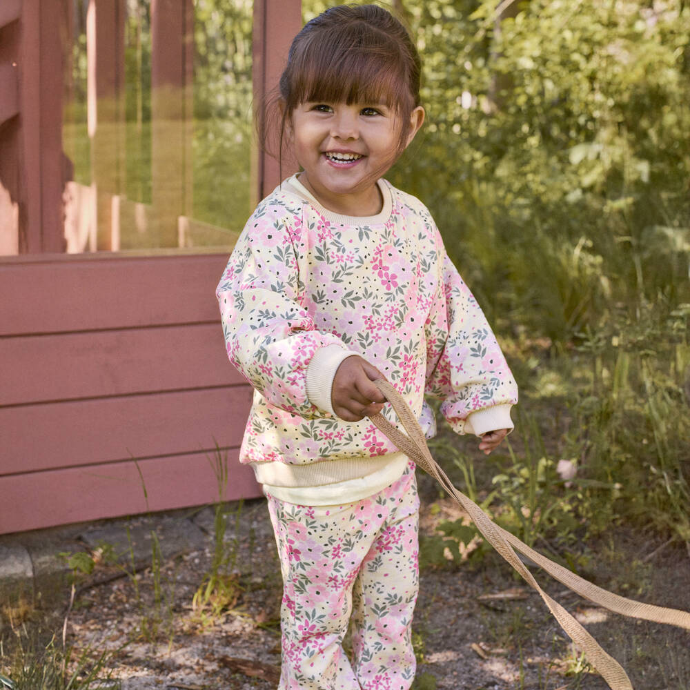 NAME IT-Girls Ivory & Pink Floral Organic Cotton Flared Leggings | Childrensalon