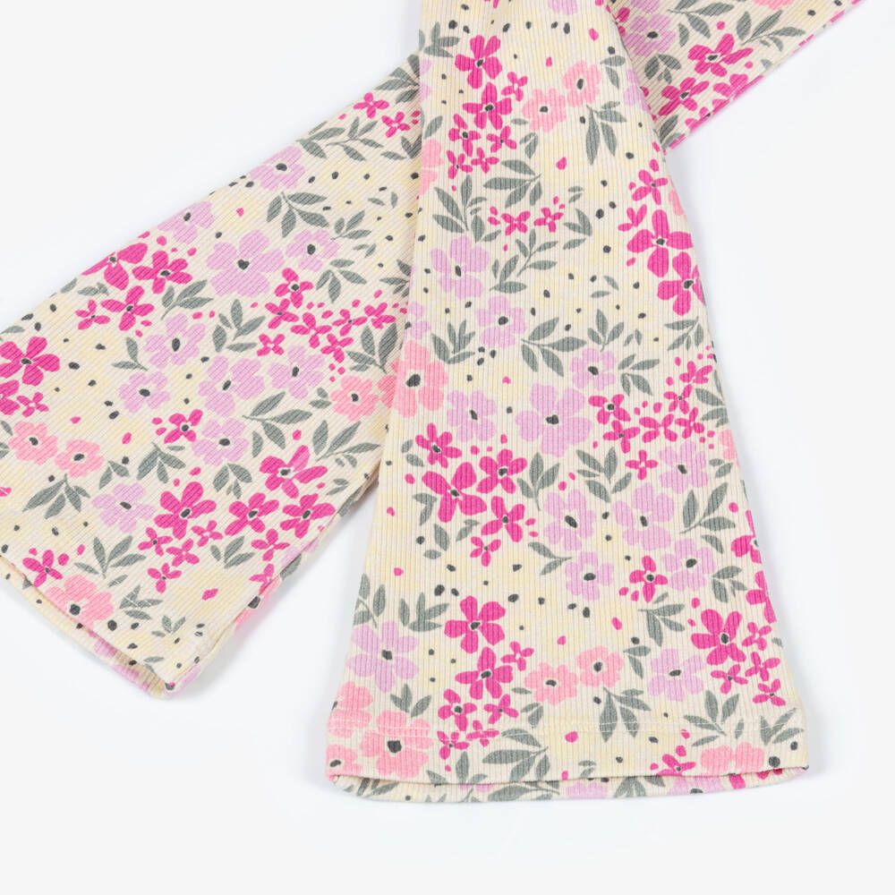 NAME IT-Girls Ivory & Pink Floral Organic Cotton Flared Leggings | Childrensalon