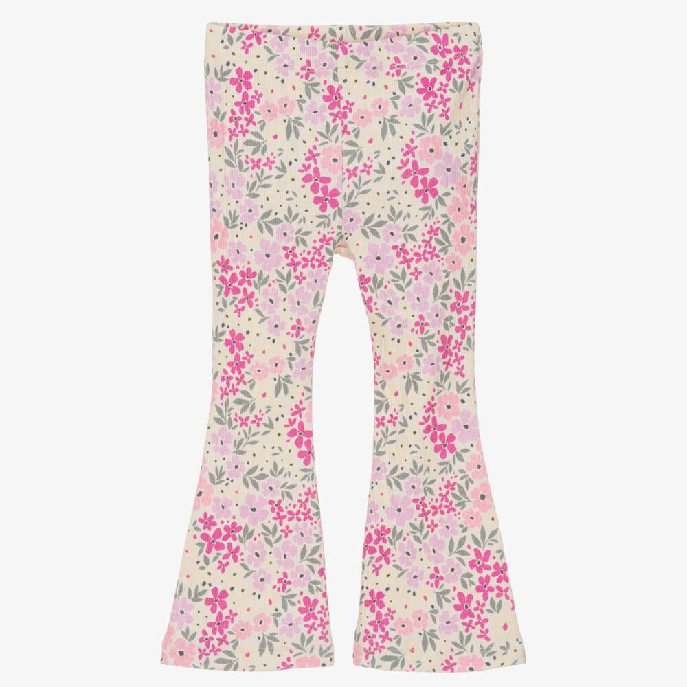 NAME IT-Girls Ivory & Pink Floral Organic Cotton Flared Leggings | Childrensalon