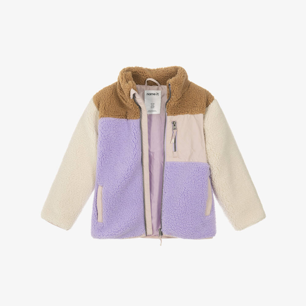 NAME IT-Girls Lavender & Brown Colourblock Teddy Fleece Jacket | Childrensalon