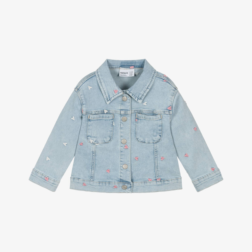 NAME IT-Girls Light Blue Denim Jacket with Embroidered Hearts | Childrensalon