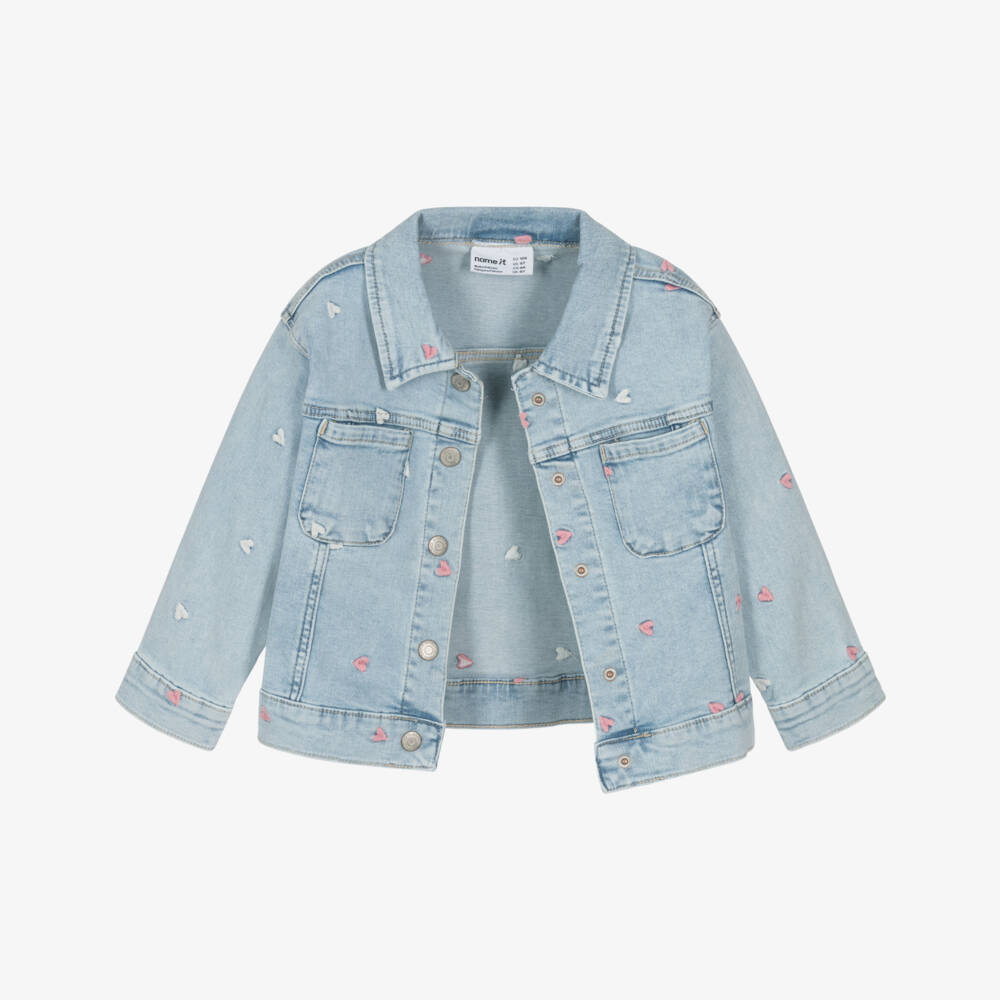 NAME IT-Girls Light Blue Denim Jacket with Embroidered Hearts | Childrensalon