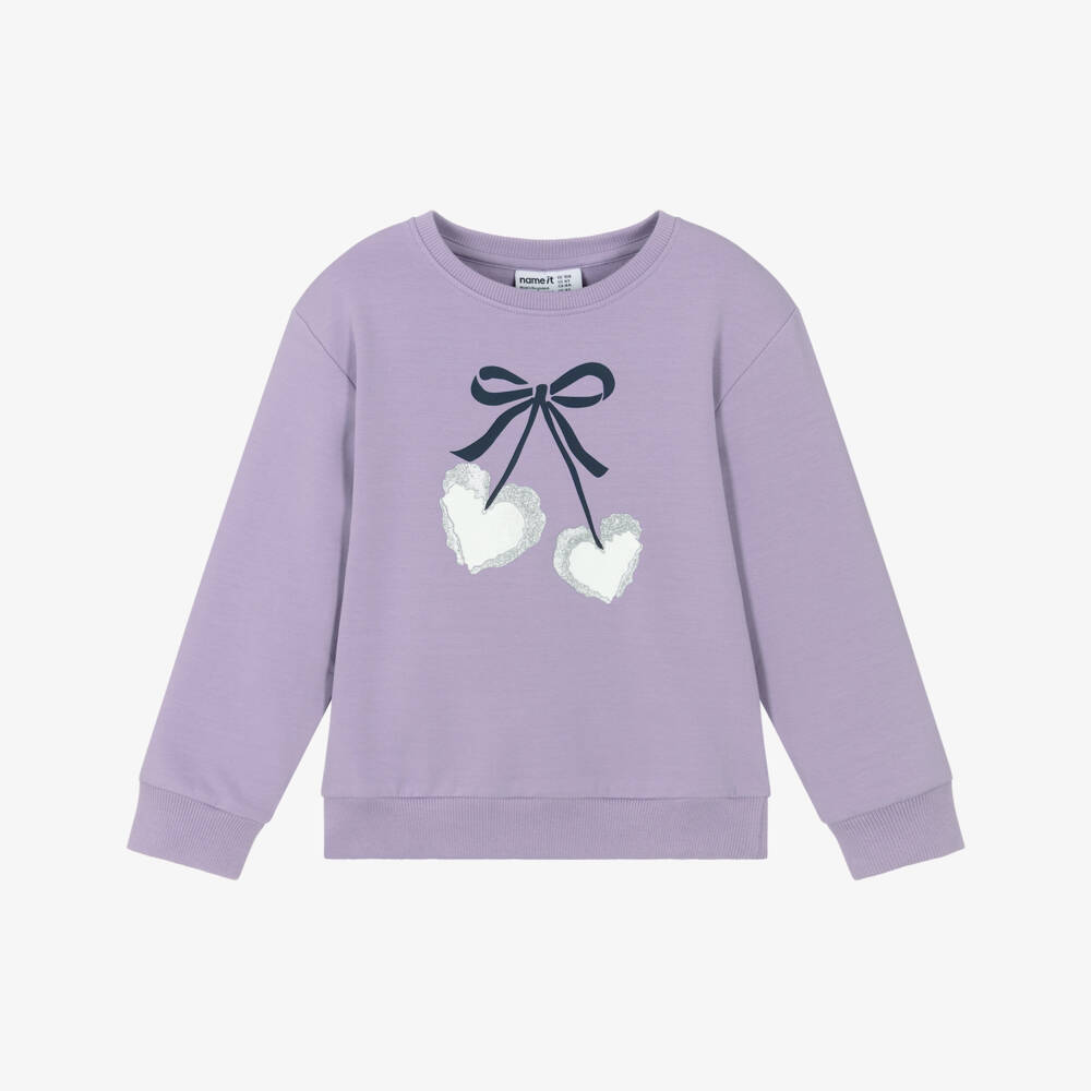 NAME IT-Girls Lilac Glittery Heart Motif Organic Cotton Sweatshirt | Childrensalon