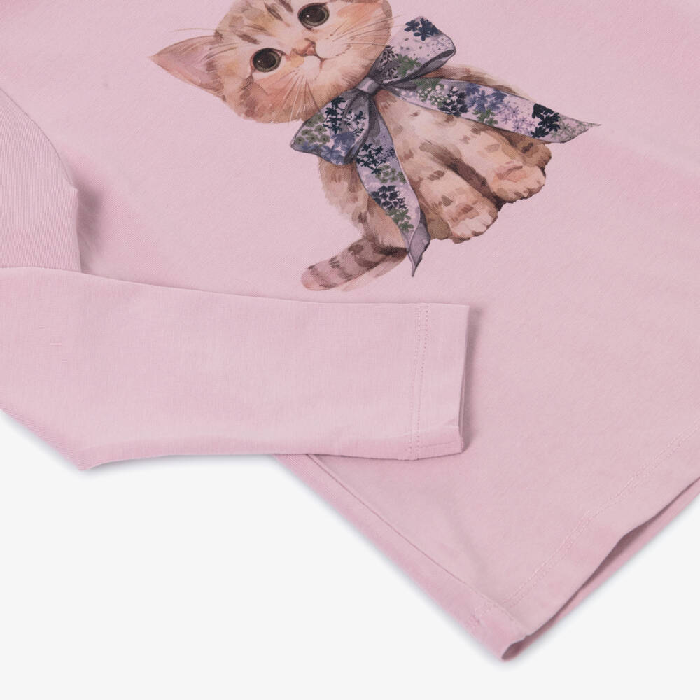 NAME IT-Футболка сиренево-розовая с котом из органического хлопка для девочек | Childrensalon