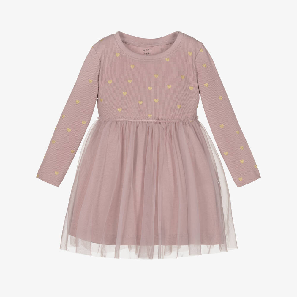 NAME IT-Girls Lilac Pink Jersey & Tulle Dress with Heart Print | Childrensalon