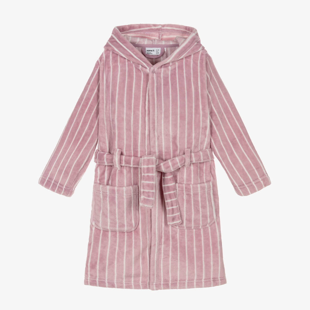 NAME IT-Girls Lilac Pink Plush Dressing Gown with White Stripes | Childrensalon