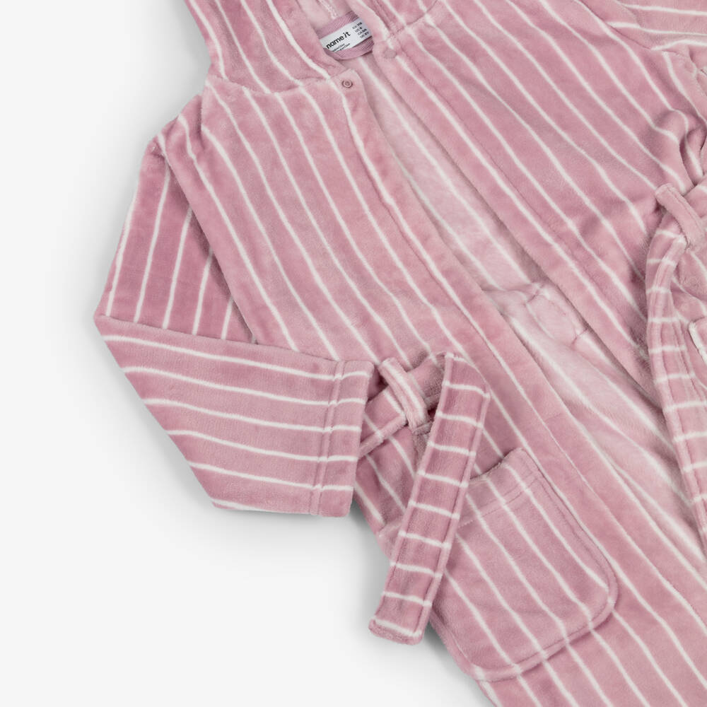 NAME IT-Girls Lilac Pink Plush Dressing Gown with White Stripes | Childrensalon