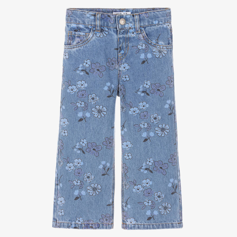 NAME IT-Girls Mid Blue Denim Jeans with Floral Print | Childrensalon