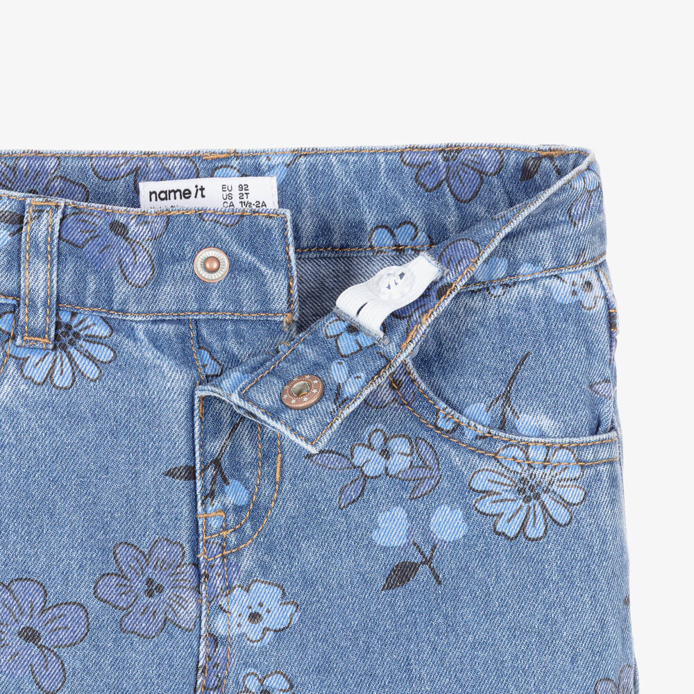 NAME IT-Girls Mid Blue Denim Jeans with Floral Print | Childrensalon
