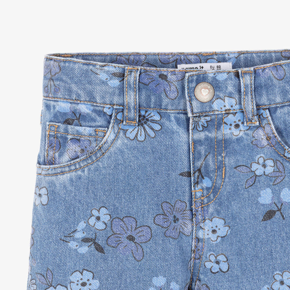 NAME IT-Girls Mid Blue Denim Jeans with Floral Print | Childrensalon