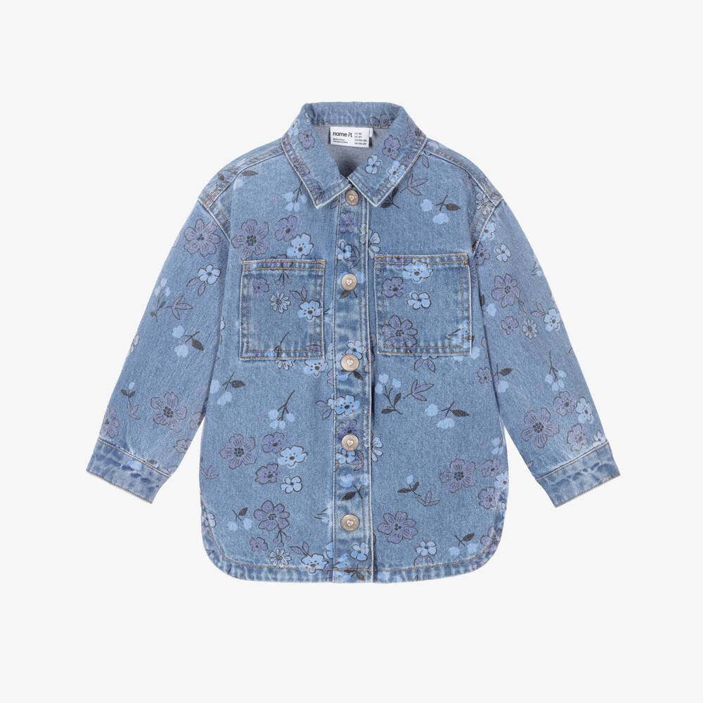 NAME IT-Girls Mid Blue Denim Shacket with Floral Print | Childrensalon