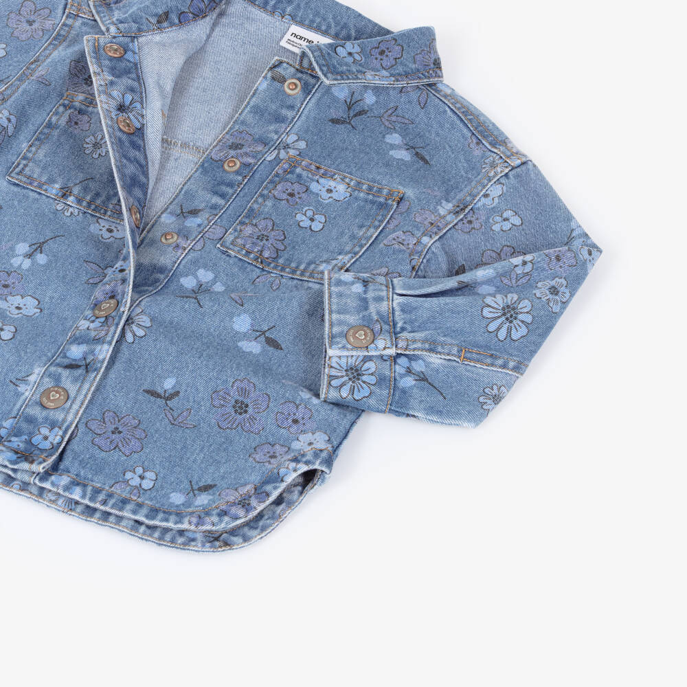 NAME IT-Girls Mid Blue Denim Shacket with Floral Print | Childrensalon