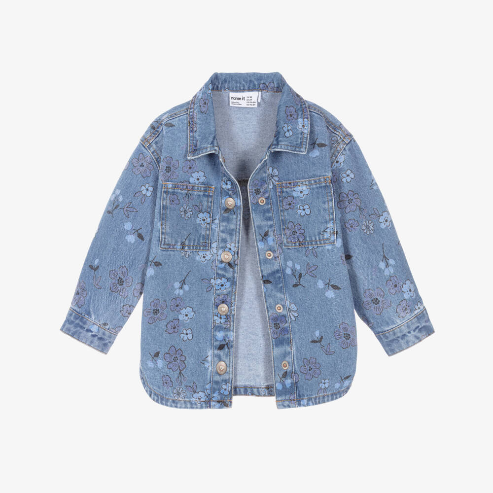 NAME IT-Girls Mid Blue Denim Shacket with Floral Print | Childrensalon