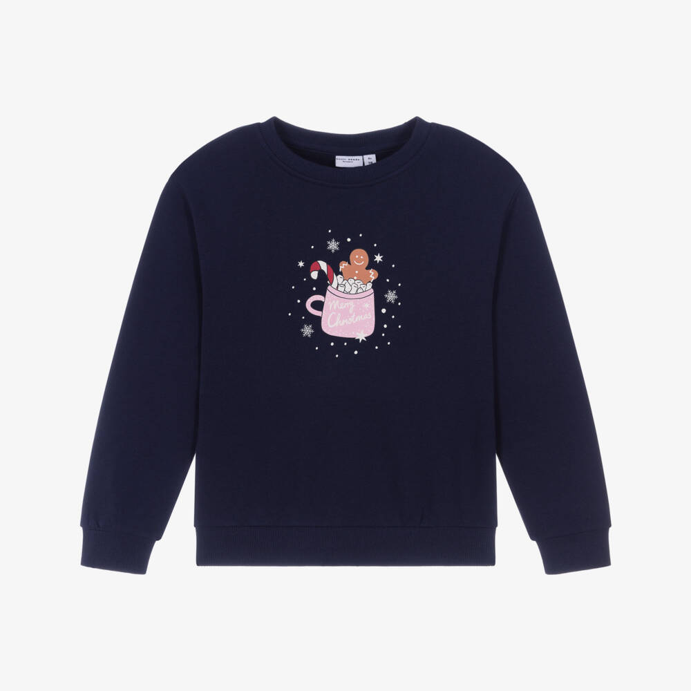 NAME IT-Girls Navy Blue Cotton Festive Mug Sweatshirt | Childrensalon