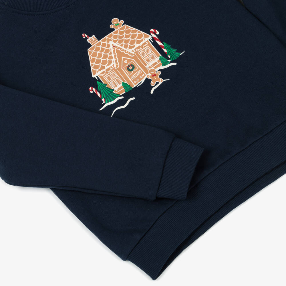 NAME IT-Girls Navy Blue Cotton Gingerbread House Sweatshirt | Childrensalon