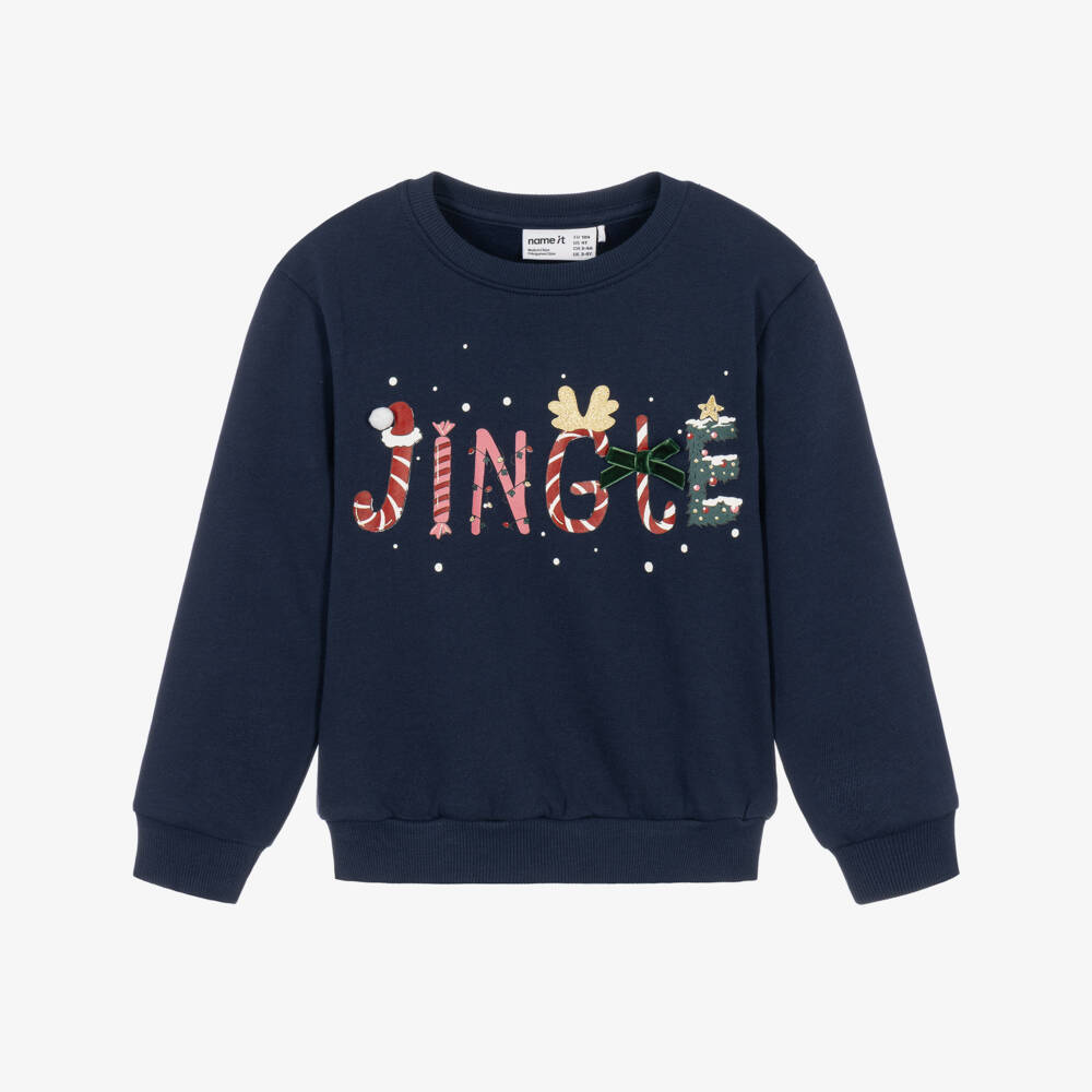 NAME IT-Girls Navy Blue Festive Jingle Sweatshirt | Childrensalon