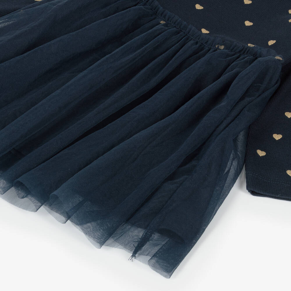 NAME IT-Girls Navy Blue Heart Print Jersey & Tulle Dress | Childrensalon