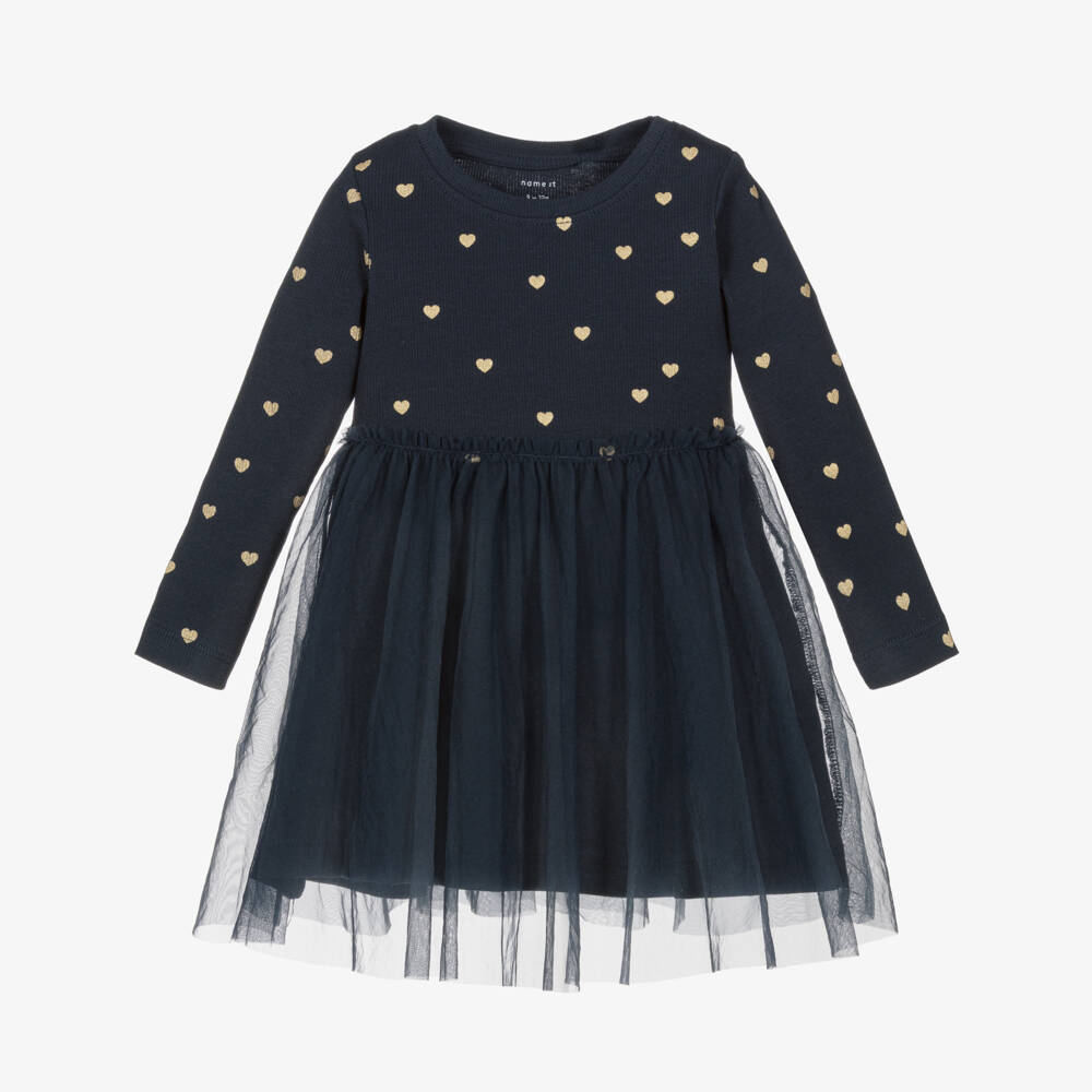 NAME IT-Платье синее из трикотажа и тюля с сердечками для девочек | Childrensalon