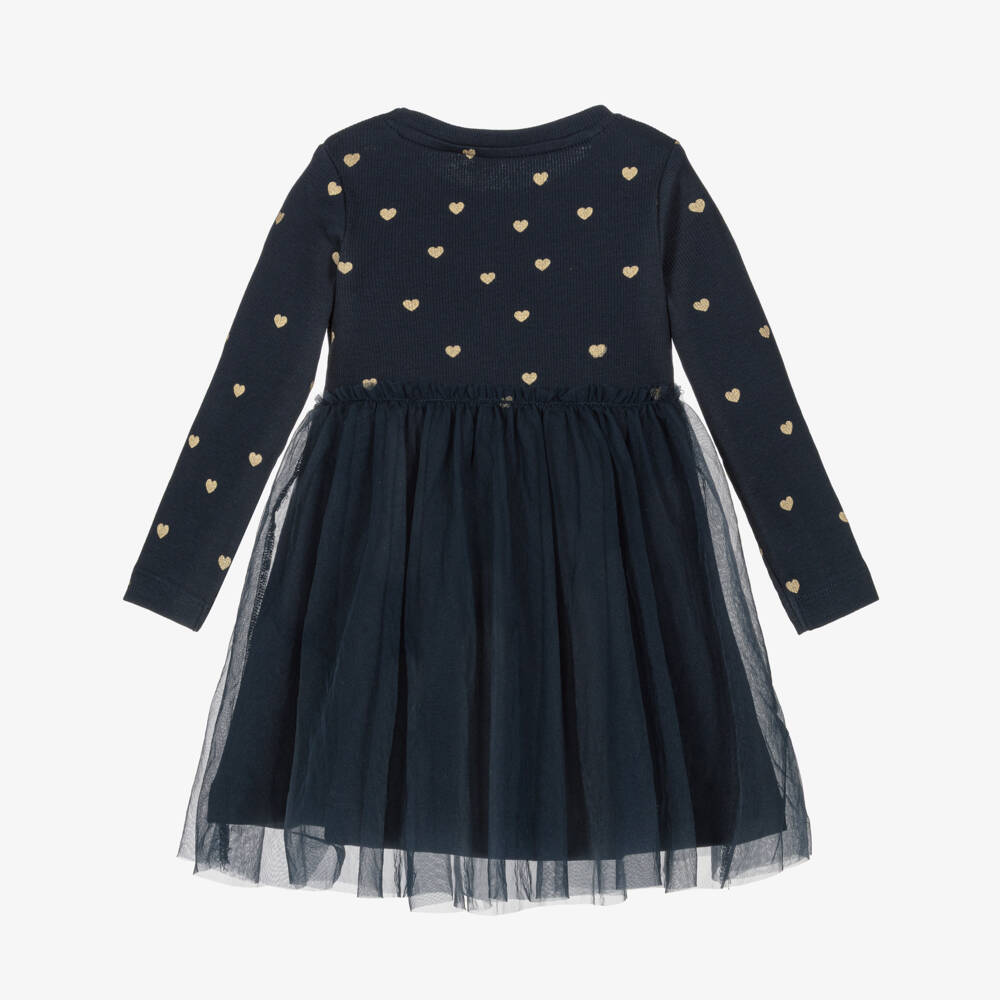 NAME IT-Платье синее из трикотажа и тюля с сердечками для девочек | Childrensalon