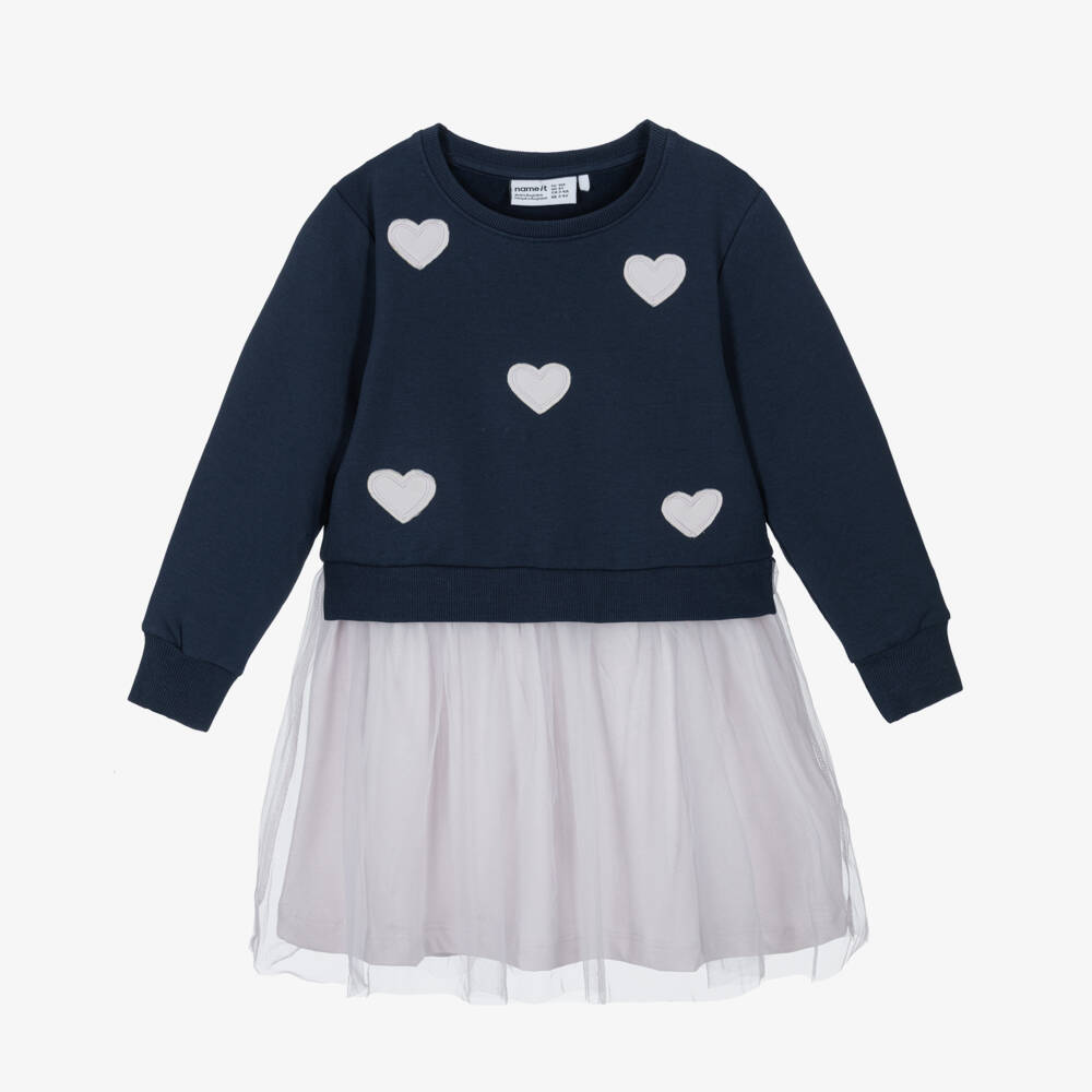 NAME IT-Girls Navy Blue Organic Cotton Jersey & Tulle Dress | Childrensalon