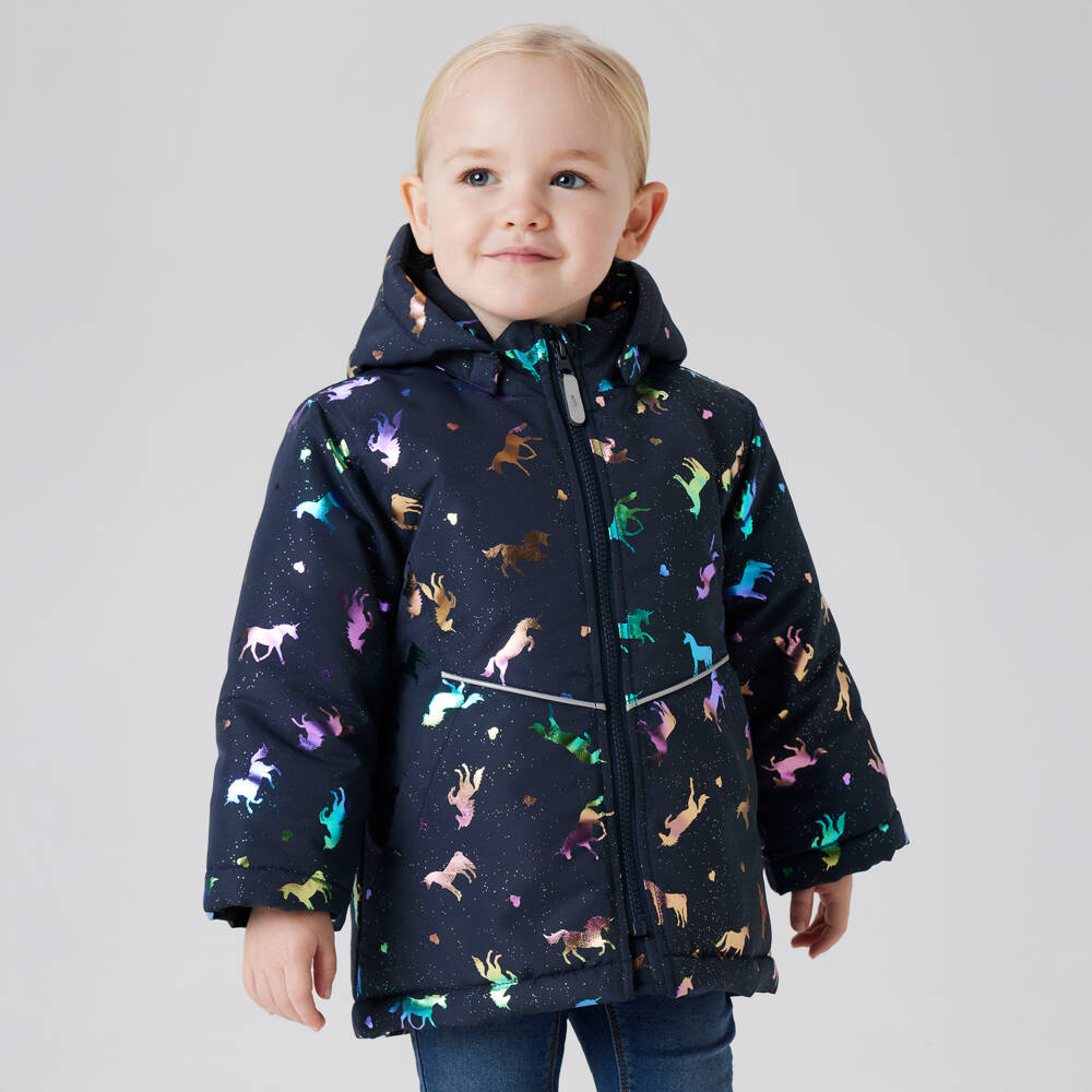 NAME IT-Girls Navy Blue Unicorn Print Padded Jacket | Childrensalon