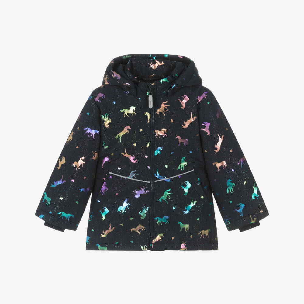 NAME IT-Girls Navy Blue Unicorn Print Padded Jacket | Childrensalon